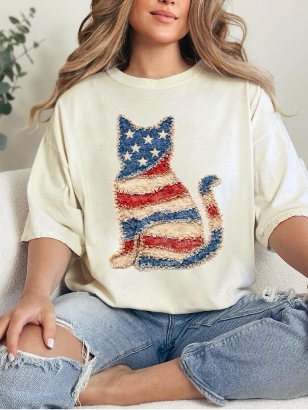 Patriotic Cat Graphic Tee - White with Red & Blue Accent